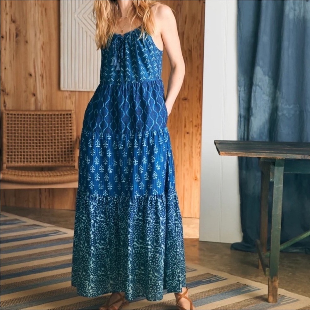 Faherty Sun Chaser Tiered Maxi Dress Size Small Blue Sleeveless Sundress New NWT